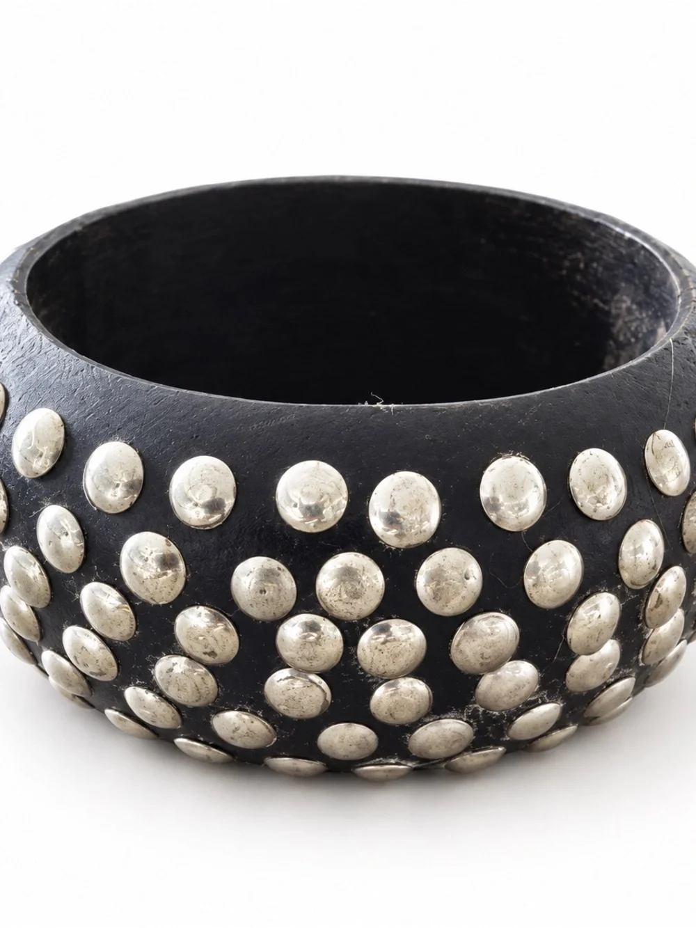 Vintage Brown Wood Bangle Bracelet Silver-Tone Studs India OOAK